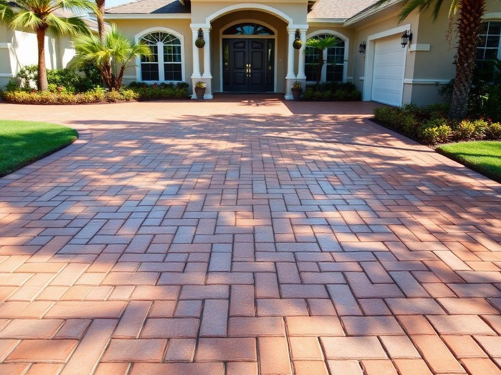 The same West Palm Beach concrete driveway with an even light grey finish after pressure washing