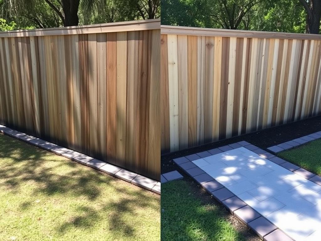 The same Wellington vinyl fence and paver walkway looking bright and clean after pressure washing