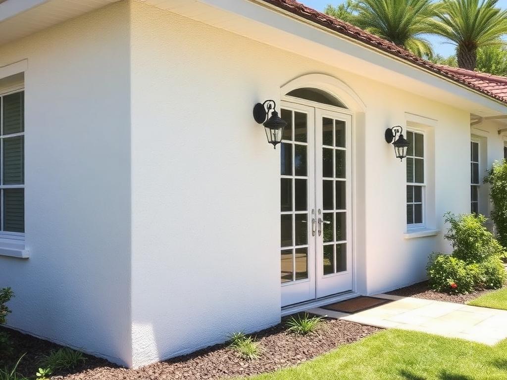 The same Boynton Beach stucco wall clean and uniform in color after low-pressure soft washing