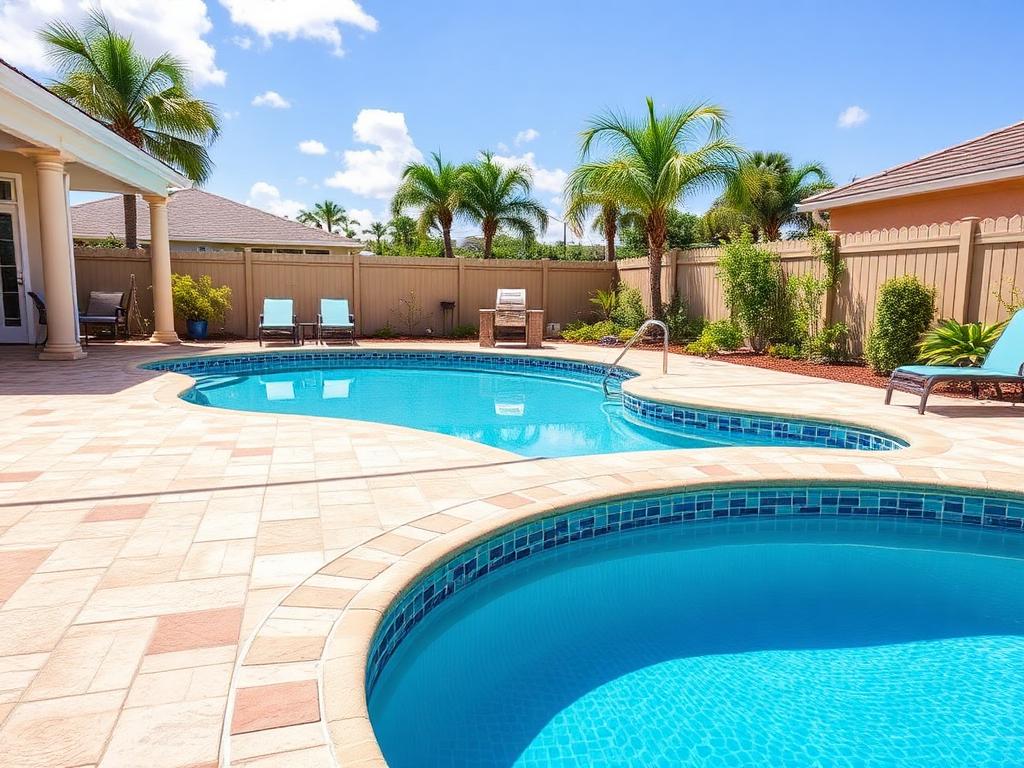 The same Delray Beach travertine pool deck cleaned to an even light stone tone after washing