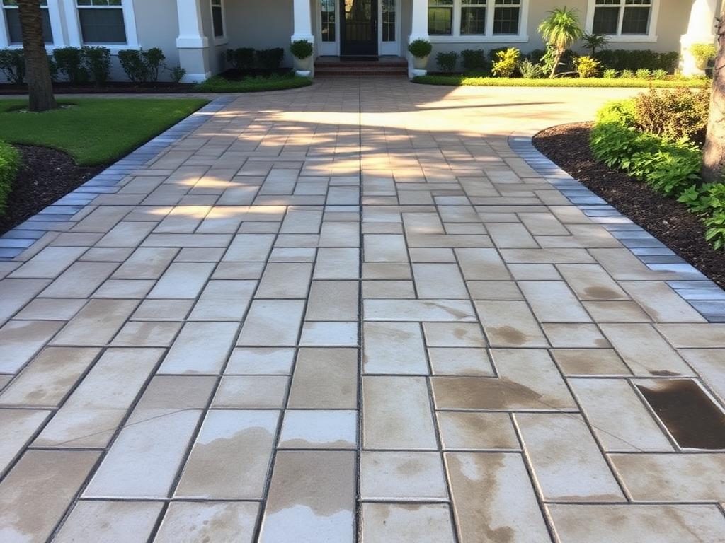 Concrete driveway in West Palm Beach with dark mildew streaks and tire shadowing before pressure washing