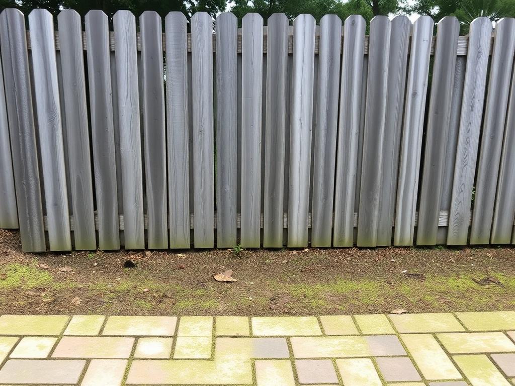 Vinyl fence and paver walkway in Wellington darkened by algae and dirt before pressure washing