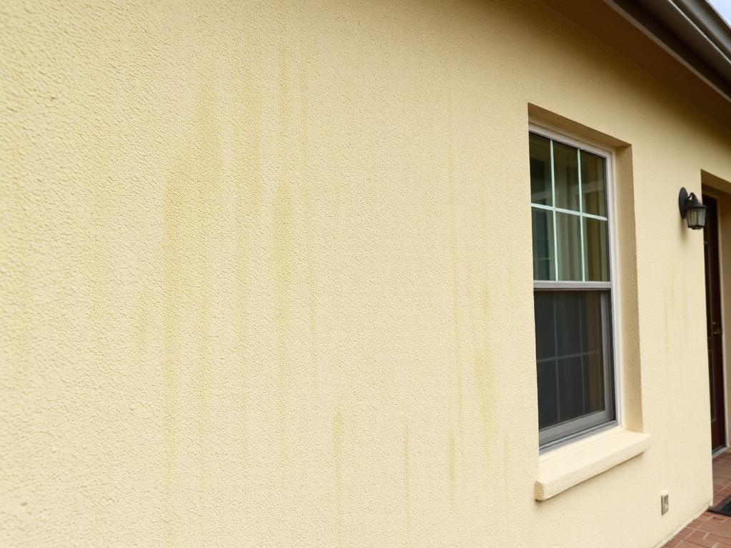 Stucco house wall in Boynton Beach covered in green algae film and salt grime before soft washing