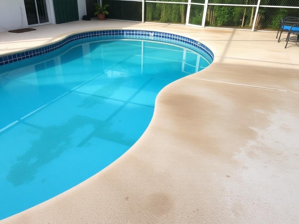 Travertine pool deck in Delray Beach stained with grime and mildew around the coping before cleaning