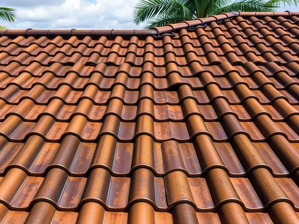 Barrel tile roof in Jupiter with black algae streaking running down the tiles before soft washing